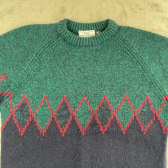 Vintage GAP Sweater Men Large‎ Blue Green 100% Wool Diamond Crew Neck Outdoors - Picture 3 of 7